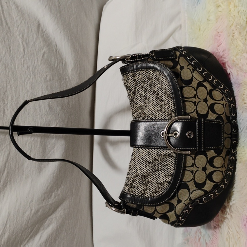 Coach Black and Beige Signature Hobo Bag